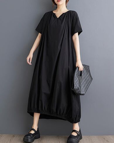 ellazhu Women's Dress Short Sleeve V Neck Below Knee Solid Color Oversize Loose Casual Summer GZ236 in Saudi Arabia