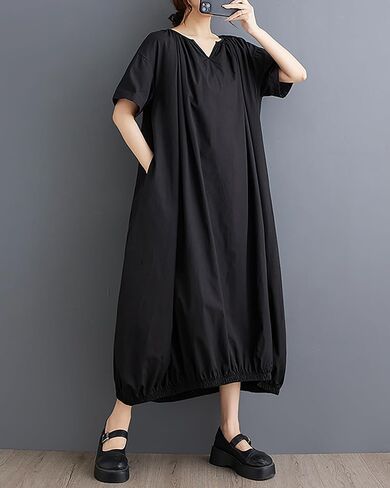 ellazhu Women's Dress Short Sleeve V Neck Below Knee Solid Color Oversize Loose Casual Summer GZ236 in Saudi Arabia