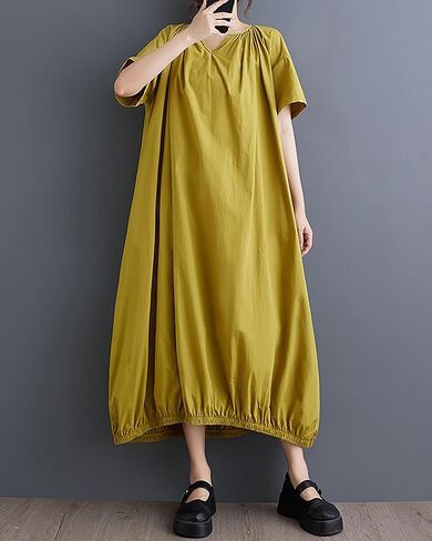 ellazhu Women's Dress Short Sleeve V Neck Below Knee Solid Color Oversize Loose Casual Summer GZ236 in Saudi Arabia