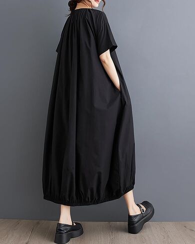 ellazhu Women's Dress Short Sleeve V Neck Below Knee Solid Color Oversize Loose Casual Summer GZ236 in Saudi Arabia