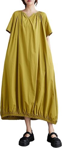 ellazhu Women's Dress Short Sleeve V Neck Below Knee Solid Color Oversize Loose Casual Summer GZ236 in Saudi Arabia