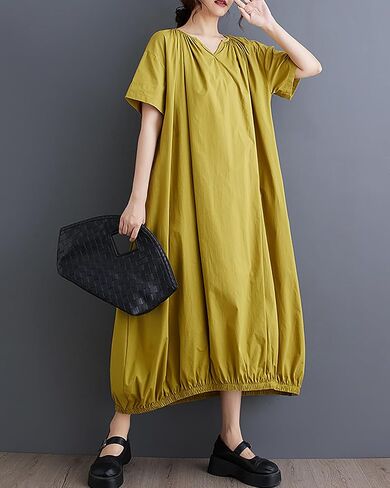 ellazhu Women's Dress Short Sleeve V Neck Below Knee Solid Color Oversize Loose Casual Summer GZ236 in Saudi Arabia