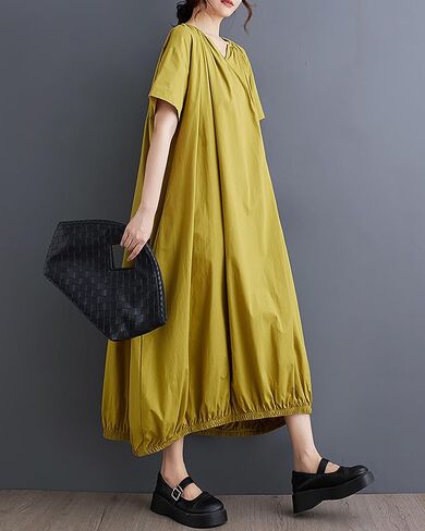 ellazhu Women's Dress Short Sleeve V Neck Below Knee Solid Color Oversize Loose Casual Summer GZ236 in Saudi Arabia