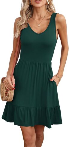 Lilbetter Women's Women's Disual V Deck Summer Sundresses مطاطية فستان طول ركب الركبة مع جيوب in Kuwait