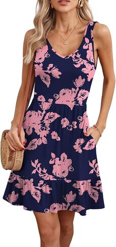 Lilbetter Women's Women's Disual V Deck Summer Sundresses مطاطية فستان طول ركب الركبة مع جيوب in Kuwait