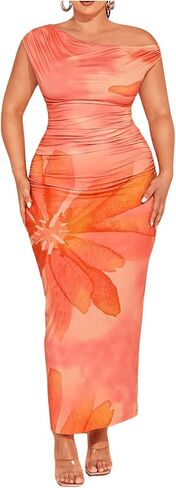 WDIRARA Women's Plus Size Tie Dye Floral Print One Shoulder Sleeveless Ruched Bodycon Maxi Dress in Saudi Arabia