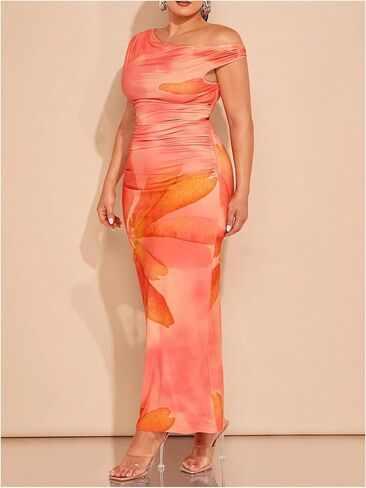 WDIRARA Women's Plus Size Tie Dye Floral Print One Shoulder Sleeveless Ruched Bodycon Maxi Dress in Saudi Arabia