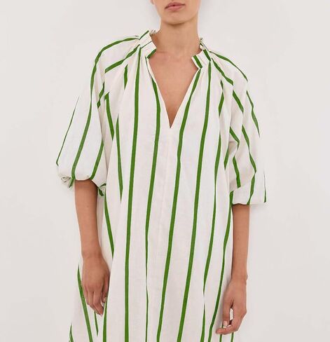 chouyatou Women's Summer Half Puff Sleeve Cotton Dress Notch Neck Striped Midi Dress with Pockets in Saudi Arabia