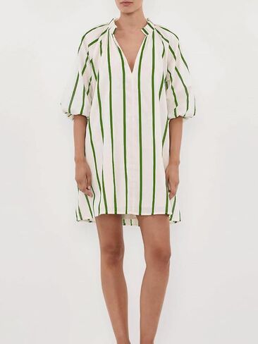 chouyatou Women's Summer Half Puff Sleeve Cotton Dress Notch Neck Striped Midi Dress with Pockets in Saudi Arabia