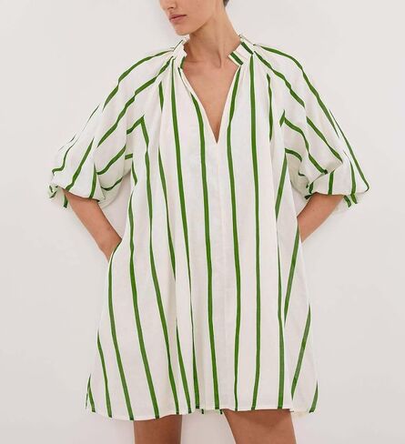 chouyatou Women's Summer Half Puff Sleeve Cotton Dress Notch Neck Striped Midi Dress with Pockets in Saudi Arabia