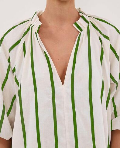 chouyatou Women's Summer Half Puff Sleeve Cotton Dress Notch Neck Striped Midi Dress with Pockets in Saudi Arabia