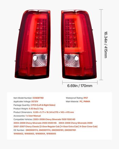 VEVOR Tail Light Assembly Compatible with 2003-2006 Chevy Silverado 1500 1500 HD 2500 2500 HD 3500, 2007-2007 Chevy Classic, 2PCS Driver & Passenger Side LED Taillight Brake Lamps with Bulbs, Black in Saudi Arabia