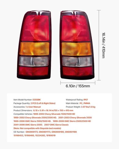 VEVOR Tail Light Assembly Compatible with 1999-2006 Chevy Silverado 1500 2500 3500, 1999-2003 GMC Sierra 1500 2500 1500/2500 HD, 2PCS Left & Right Side Taillights Rear Brake Lamps Without Bulbs in Saudi Arabia