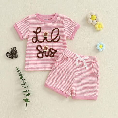 طفل طفل طفل الملابس الصيفية ليل SIS/Big Sis تطريز تي شيرت القوس شورت 2pcs أخت مطابقة الملابس in Kuwait