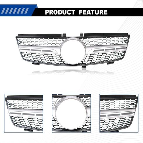 ML Class Grill مع الشبكة الأمامية ثلاثية الأبعاد لـ Mercedes Benz W164 ML350 ML500 ML320 ML63 AMG ML550 2005 2006 2007 2008 Silver in Kuwait