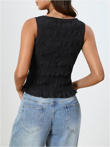 Milumia Women's Summer Sleeveless Shirred Crop Tank Top Crew Neck Smocked Ruffle Hem Shirt Top in Saudi Arabia