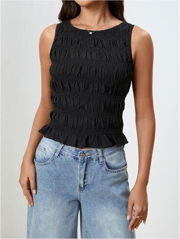 Milumia Women's Summer Sleeveless Shirred Crop Tank Top Crew Neck Smocked Ruffle Hem Shirt Top in Saudi Arabia
