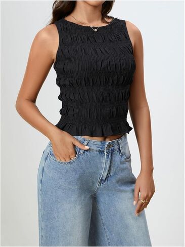 Milumia Women's Summer Sleeveless Shirred Crop Tank Top Crew Neck Smocked Ruffle Hem Shirt Top in Saudi Arabia