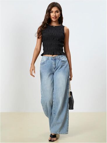 Milumia Women's Summer Sleeveless Shirred Crop Tank Top Crew Neck Smocked Ruffle Hem Shirt Top in Saudi Arabia