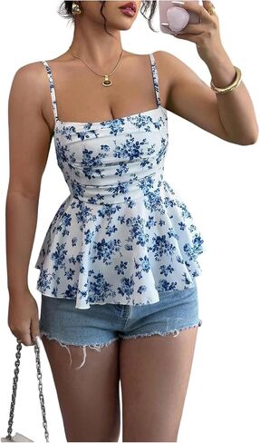 Soly Hux النسائية النسائية Peplum Cami Tops Spaghetti Strap Ruched Ruched Hem Boho Summer Camisole Top in Saudi Arabia