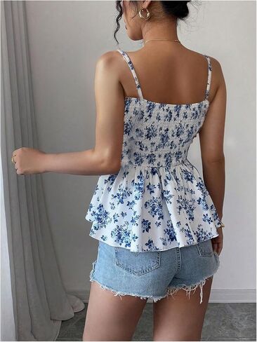 Soly Hux النسائية النسائية Peplum Cami Tops Spaghetti Strap Ruched Ruched Hem Boho Summer Camisole Top in Saudi Arabia
