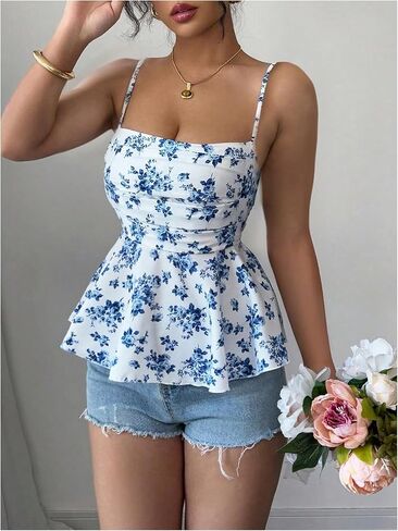 Soly Hux النسائية النسائية Peplum Cami Tops Spaghetti Strap Ruched Ruched Hem Boho Summer Camisole Top in Saudi Arabia