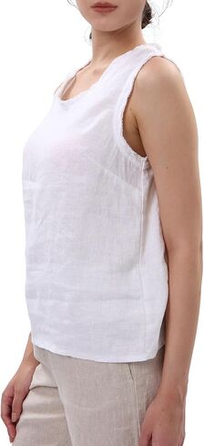 Amazhiyu Women's 100% LinenSummer Tank Tops Scoop Neck Sleeveless Raw Edge Blouse in Saudi Arabia
