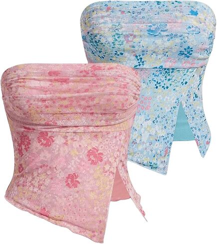 Milumia Women's 2 Pack Floral Mesh Asymmetrical Slit Hem Crop Tube Top in Saudi Arabia