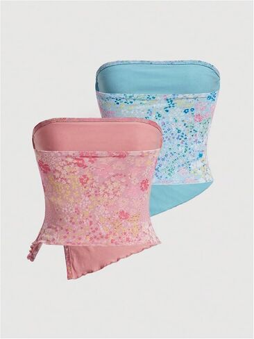 Milumia Women's 2 Pack Floral Mesh Asymmetrical Slit Hem Crop Tube Top in Saudi Arabia