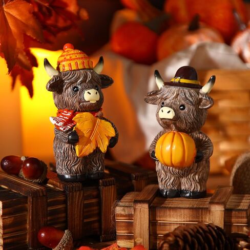 Vinsot 2 Pcs Halloween Highland Cow Figurine Rustic Highland Cow Gnomes Resin Figurine Brown Cattle Statue Gifts for Halloween Eve Farmhouse Office Home Table Shelf Desk Tiered Trays Calf Decor in Saudi Arabia