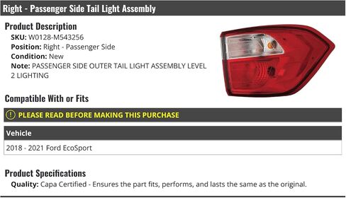 Right Passenger Side Outer Tail Light Assembly - Compatible with 2018-2021 Ford EcoSport (with Level 2 Lighting) in Saudi Arabia