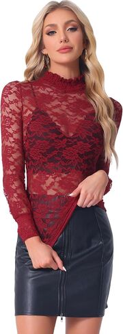 Allegra K Women's Lace Top Long Sleeve Smocked Mock Neck See Through Sheer Top Blouse in Saudi Arabia