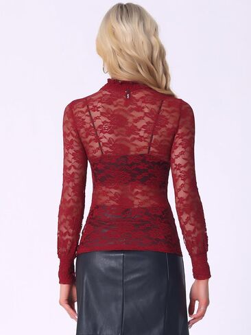 Allegra K Women's Lace Top Long Sleeve Smocked Mock Neck See Through Sheer Top Blouse in Saudi Arabia