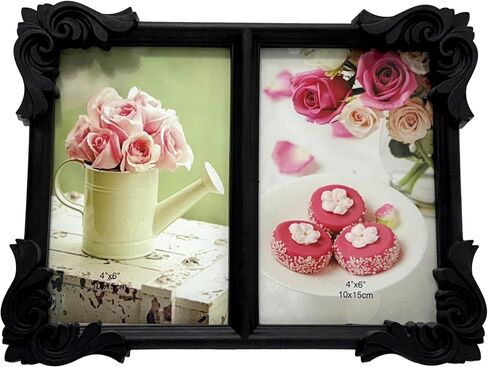 Double Picture Frame, Black, 4x6 Inches, Decorative Baroque Border for Photos, Wall Mounted or Standing in Saudi Arabia