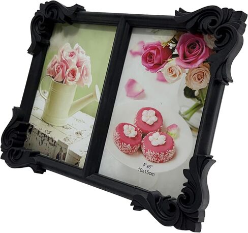 Double Picture Frame, Black, 4x6 Inches, Decorative Baroque Border for Photos, Wall Mounted or Standing in Saudi Arabia