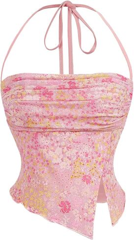 Milumia Women's Floral Mesh Camisoles Boho Ruched Asymmetrical Hem Halter Tops in Saudi Arabia