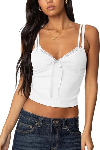 Women's Lace Bow Ribbed Spaghetti Strap Tank Top Cute V Neck Camisole Cropped Going Out Tops in Saudi Arabia