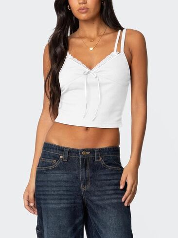 Women's Lace Bow Ribbed Spaghetti Strap Tank Top Cute V Neck Camisole Cropped Going Out Tops in Saudi Arabia