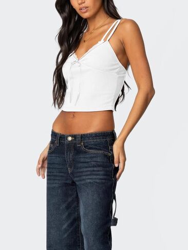 Women's Lace Bow Ribbed Spaghetti Strap Tank Top Cute V Neck Camisole Cropped Going Out Tops in Saudi Arabia