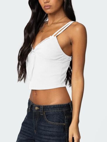 Women's Lace Bow Ribbed Spaghetti Strap Tank Top Cute V Neck Camisole Cropped Going Out Tops in Saudi Arabia