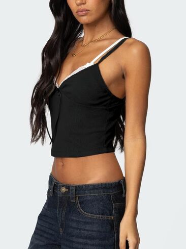 Women's Lace Bow Ribbed Spaghetti Strap Tank Top Cute V Neck Camisole Cropped Going Out Tops in Kuwait