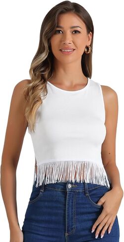 Allegra K Fringe Tank Top for Women's Casual Sleeveless Tassel Racerback Ribbed Knit Crop Tops in Saudi Arabia