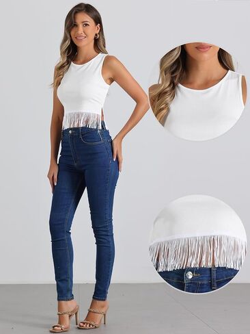 Allegra K Fringe Tank Top for Women's Casual Sleeveless Tassel Racerback Ribbed Knit Crop Tops in Saudi Arabia