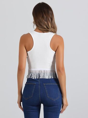 Allegra K Fringe Tank Top for Women's Casual Sleeveless Tassel Racerback Ribbed Knit Crop Tops in Saudi Arabia