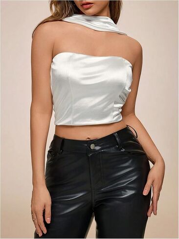 Floerns Women's Satin Sleeveless Crop Tops Halter Neck Draped Backless Tank Top in Saudi Arabia
