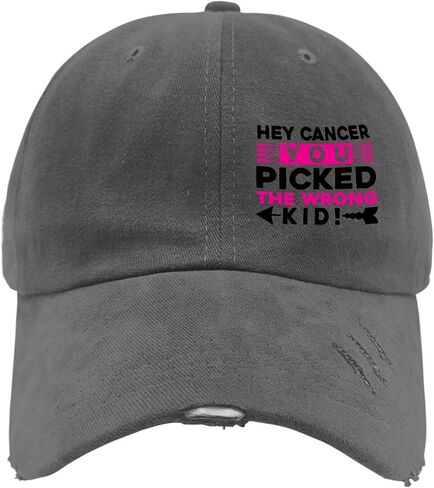 Hey Cancer You Picked The Wrong Kid World Cancer Day Hats for Mens Washed Distressed Baseball Cap Funny Washed Hiking Hat Light Weight Dark Grey in Saudi Arabia