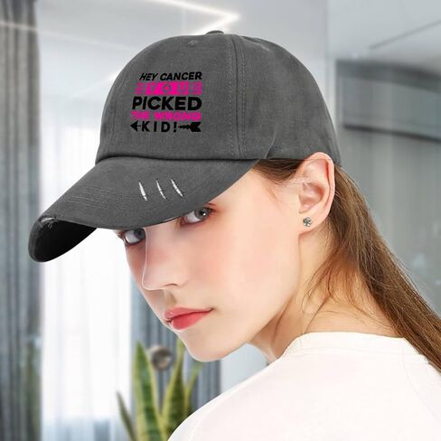 Hey Cancer You Picked The Wrong Kid World Cancer Day Hats for Mens Washed Distressed Baseball Cap Funny Washed Hiking Hat Light Weight Dark Grey in Saudi Arabia