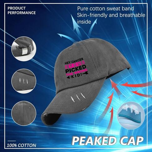 Hey Cancer You Picked The Wrong Kid World Cancer Day Hats for Mens Washed Distressed Baseball Cap Funny Washed Hiking Hat Light Weight Dark Grey in Saudi Arabia