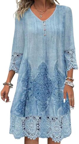 utcoco Womens V-Neck 3/4 Sleeve Summer Dress 2025 Fashion Flower Print Lace Hollow Out Mini Dress in Saudi Arabia