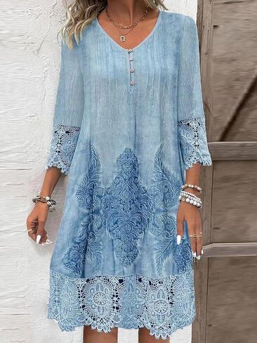 utcoco Womens V-Neck 3/4 Sleeve Summer Dress 2025 Fashion Flower Print Lace Hollow Out Mini Dress in Saudi Arabia